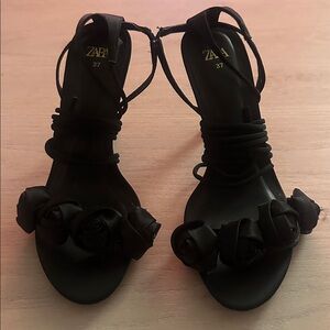 ZARA satin Black Sandals with Rose Accents and straps